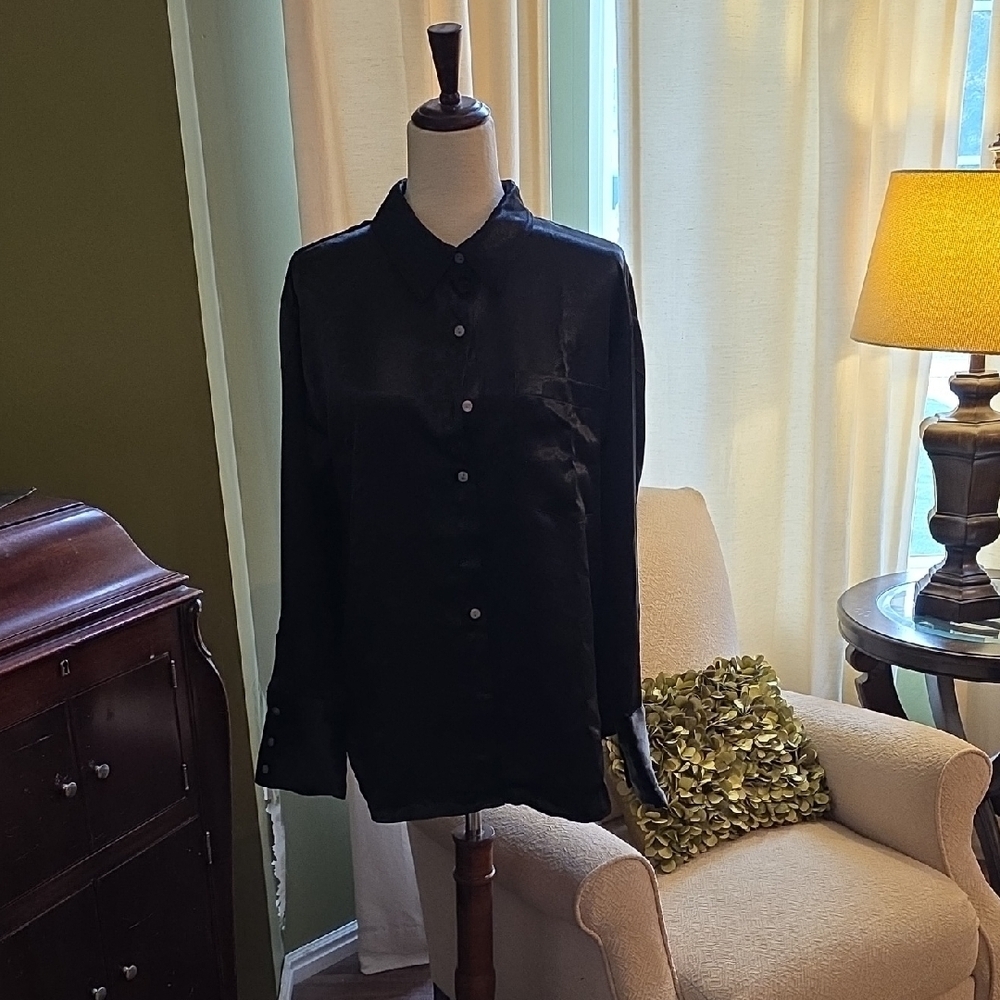 NWT Free People Black Silky Button Down Shirt-Size M